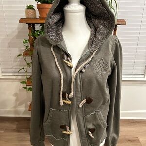 Billybong Zip Front Distressed Cord Pull Hoodie Kangaroo Pockets Faux Leather